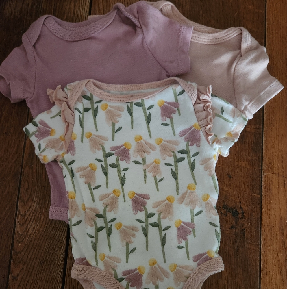 Cloud Island Floral and Solid Bodysuit Trio - Pink and Purple